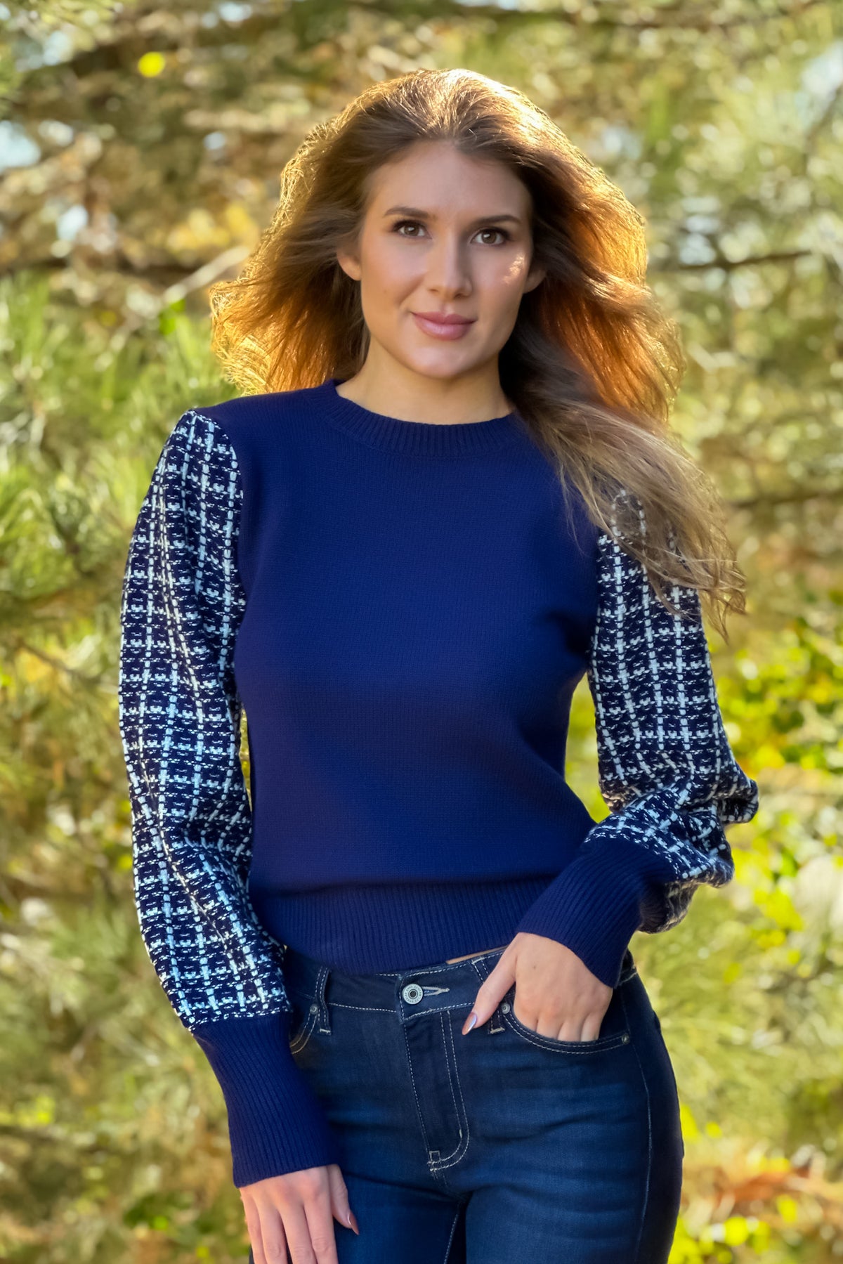Rachael Tweed Long Sleeve Knit Top : Navy