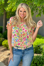 Looking For Peace Ruffle Trimmed Short Sleeve Top : Yellow/Floral