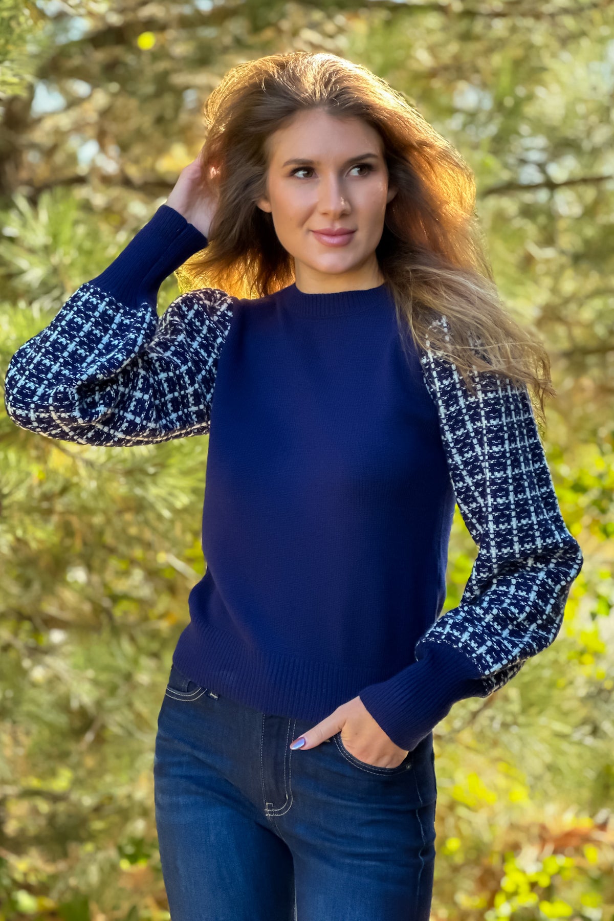 Rachael Tweed Long Sleeve Knit Top : Navy