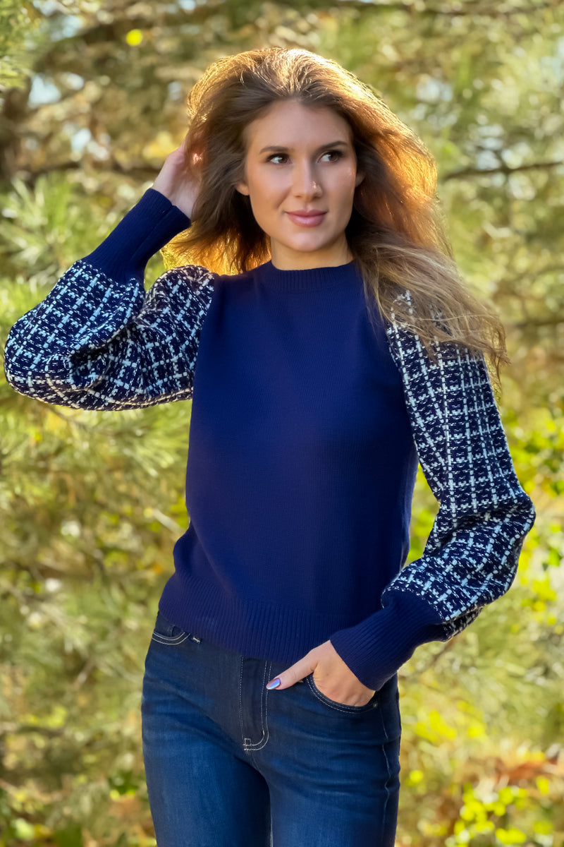 Rachael Tweed Long Sleeve Knit Top : Navy