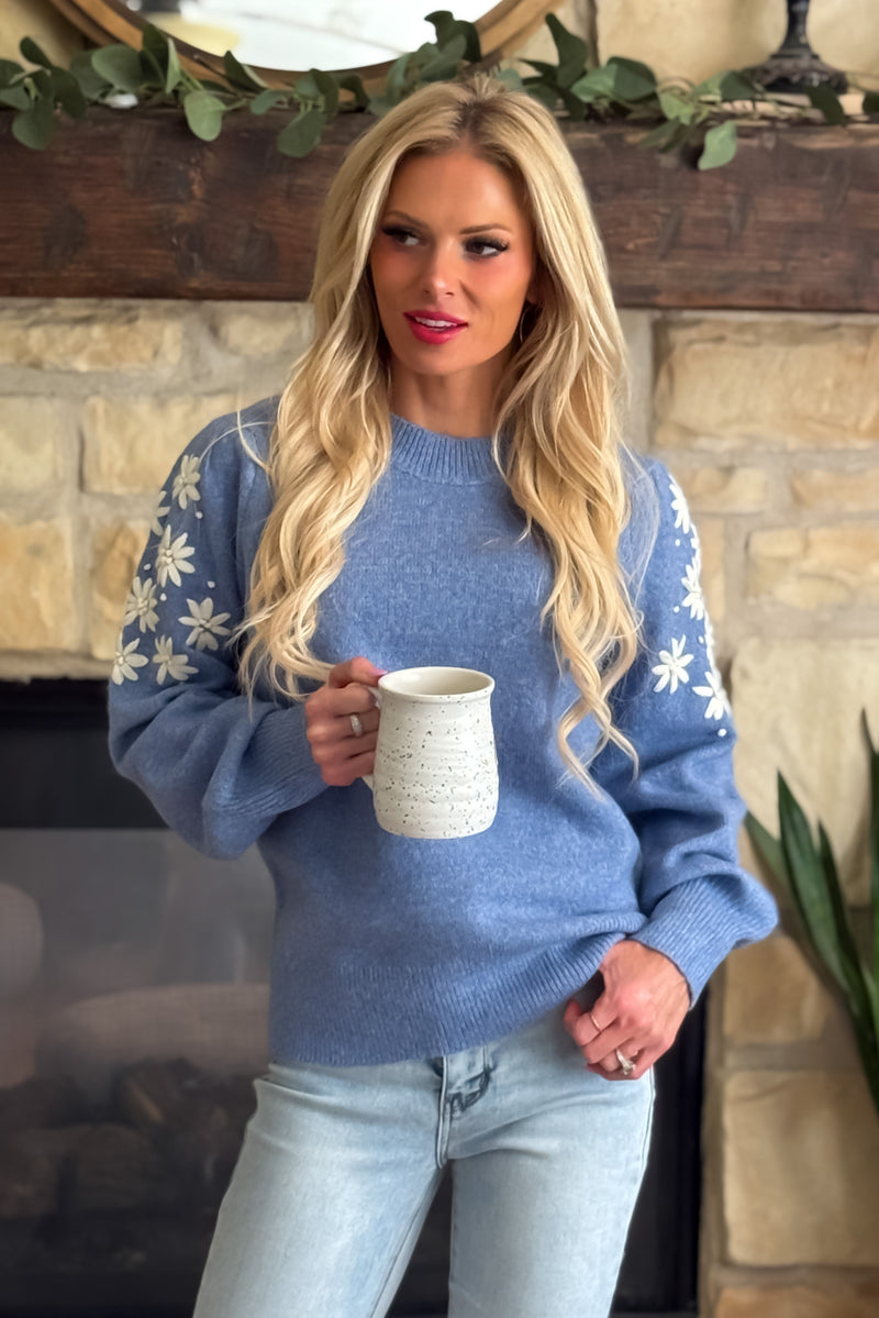 Kendy Embroidered Bubble Sleeve Sweater : Frost Blue