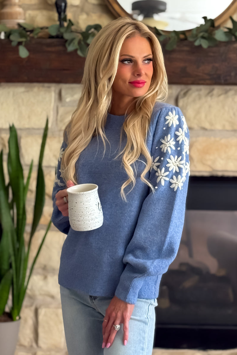 Kendy Embroidered Bubble Sleeve Sweater : Frost Blue