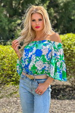 Mellow Moments Off Shoulder Bell Sleeve Top : Green/Blue/White
