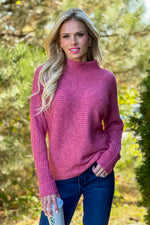 Lesley Mock Neck Horizontal Rib Sweater : Berry