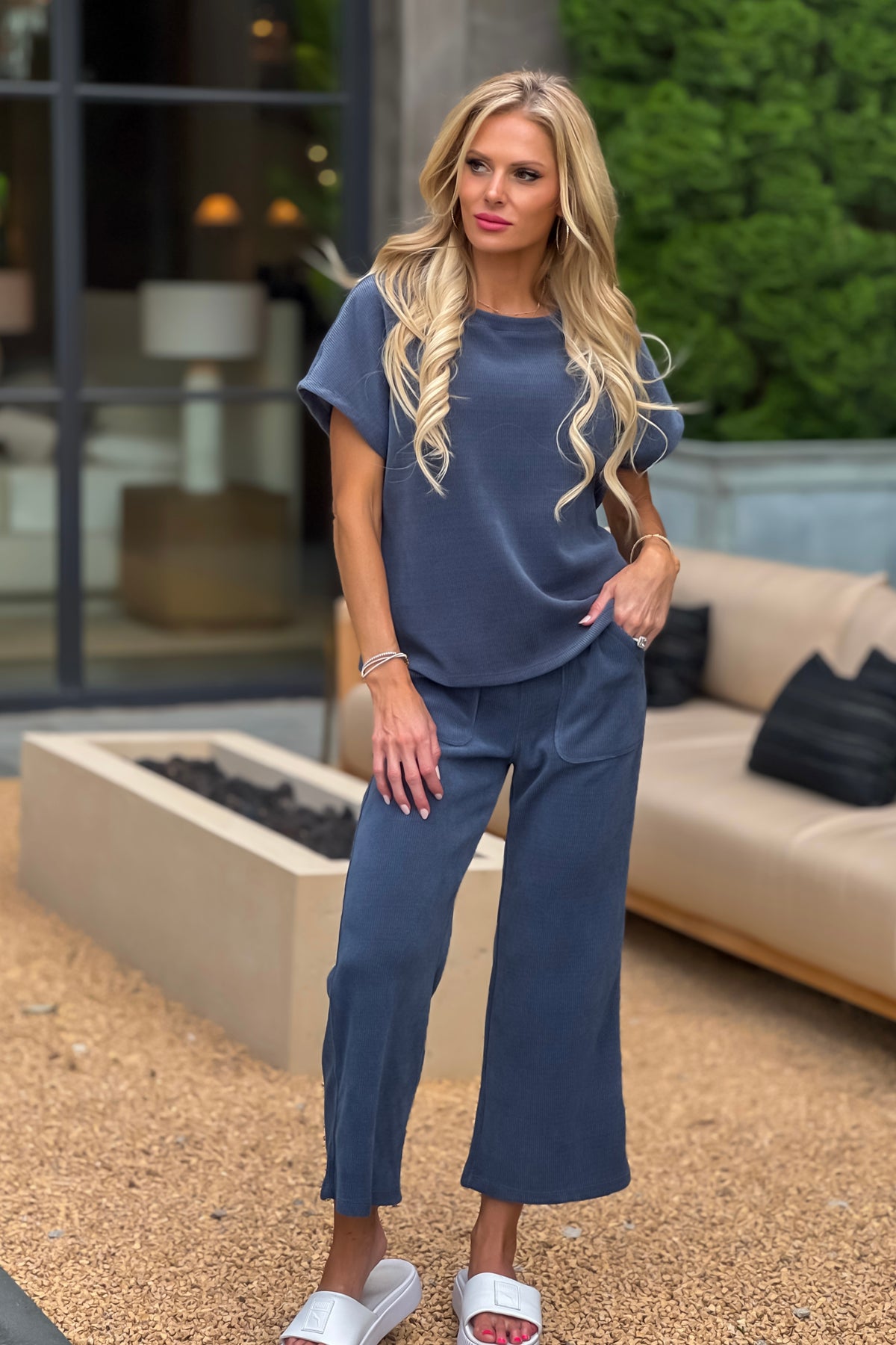 Vinka Soft Corduroy Top and Cropped Pants Set : Denim