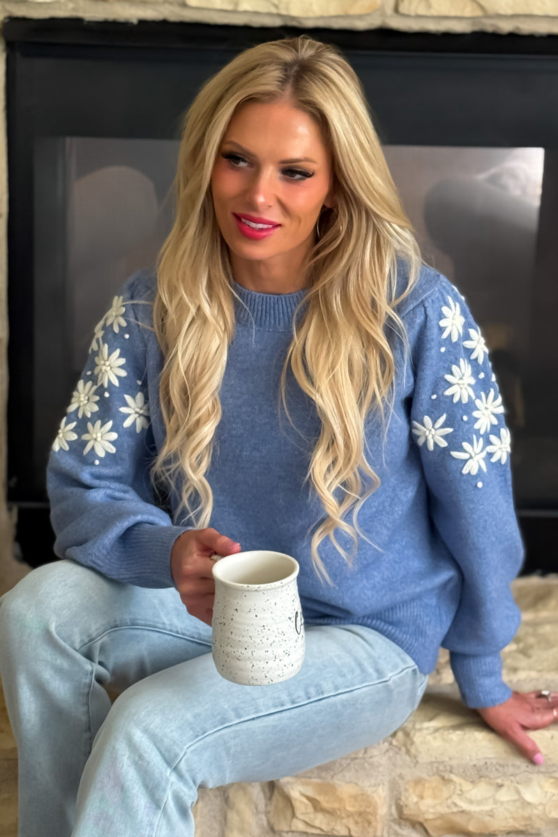 Kendy Embroidered Bubble Sleeve Sweater : Frost Blue
