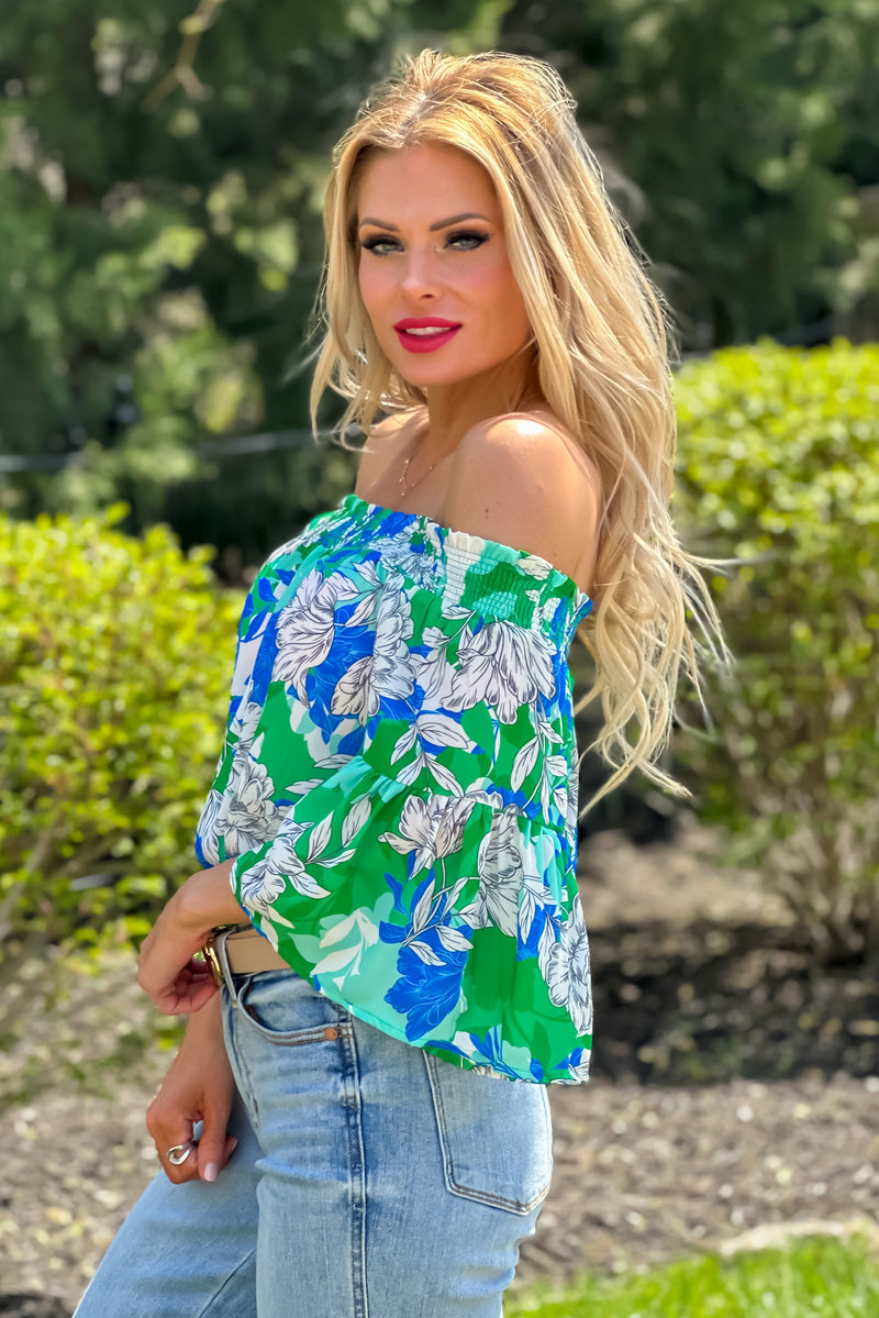 Mellow Moments Off Shoulder Bell Sleeve Top : Green/Blue/White