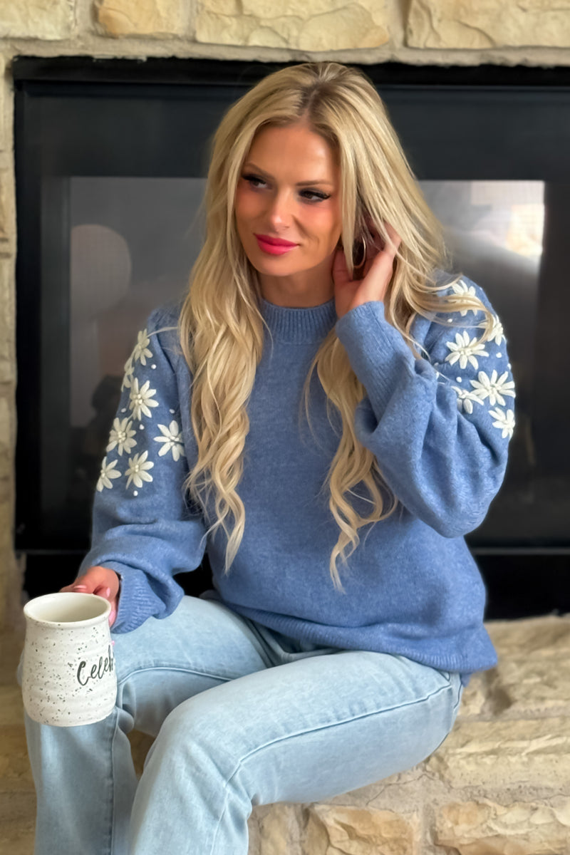 Kendy Embroidered Bubble Sleeve Sweater : Frost Blue
