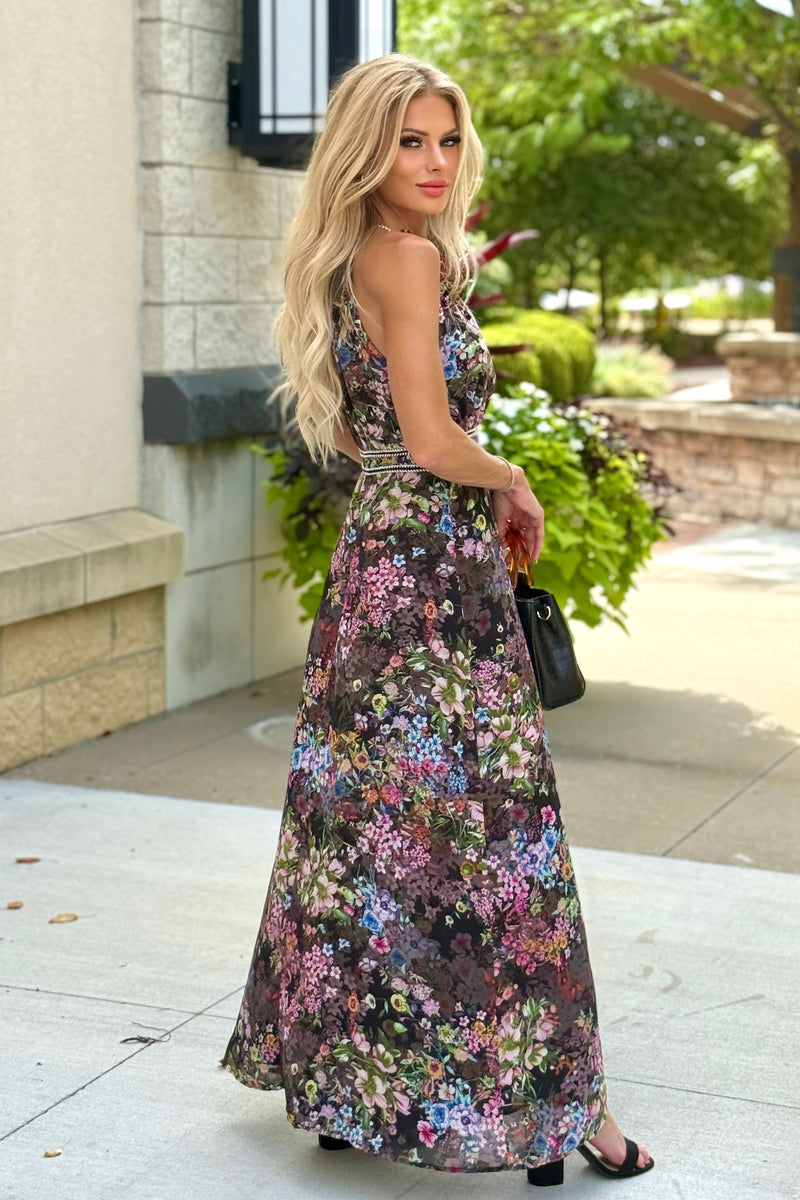Elsie Floral Print Halter Top Dress : Black