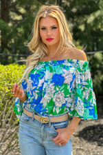 Mellow Moments Off Shoulder Bell Sleeve Top : Green/Blue/White
