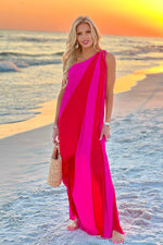 Cambri Single Shoulder Printed Dress : Fuschia/Red