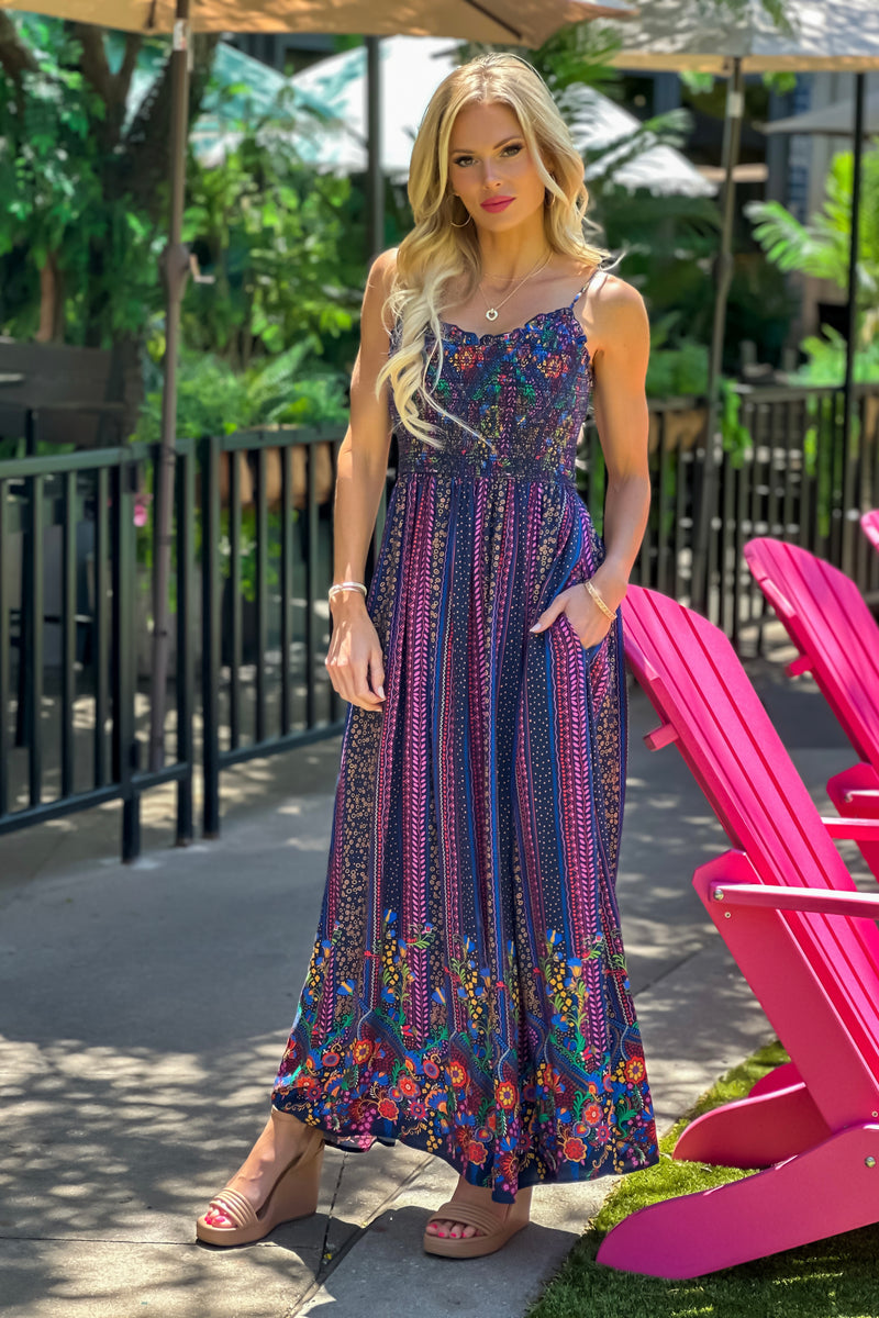 Solay Smocked Bodice Maxi Dress : Navy