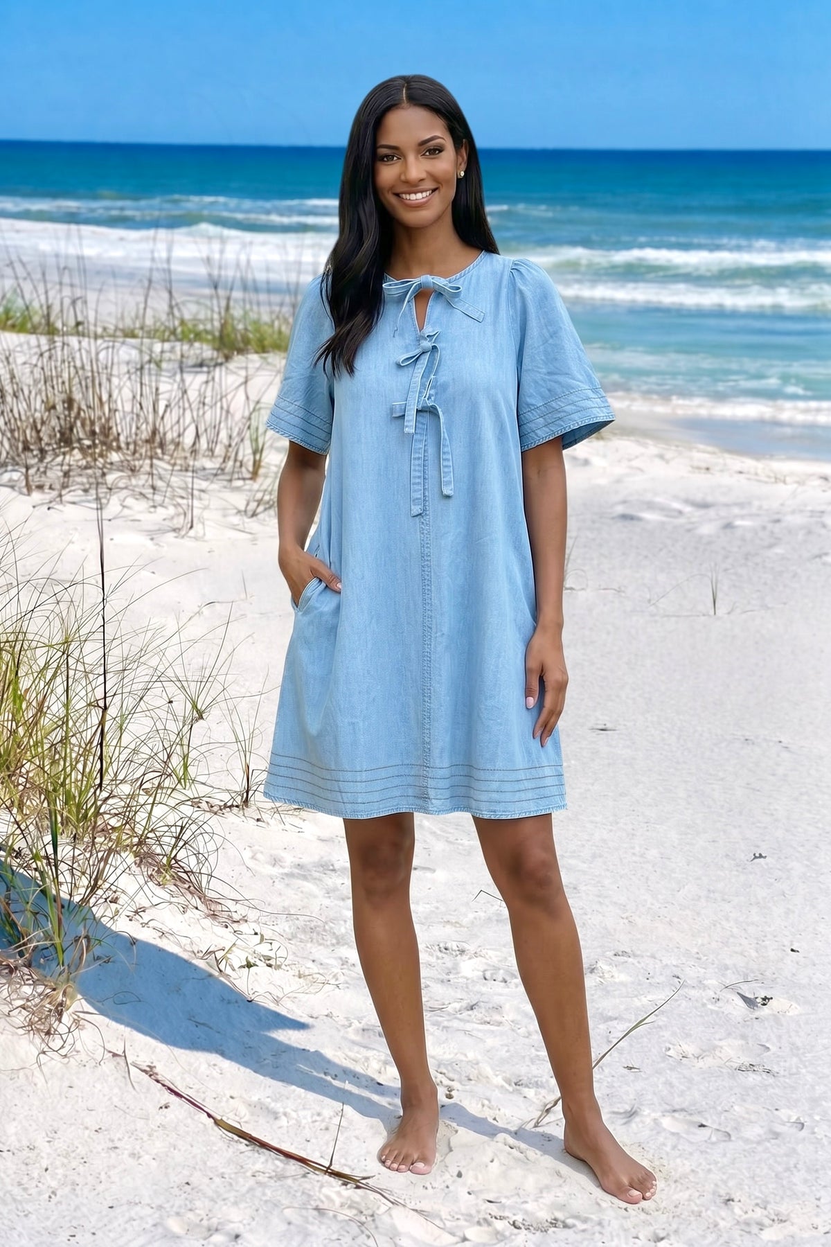 Beatrix Ribbon Detail Dress : Light Denim Blue