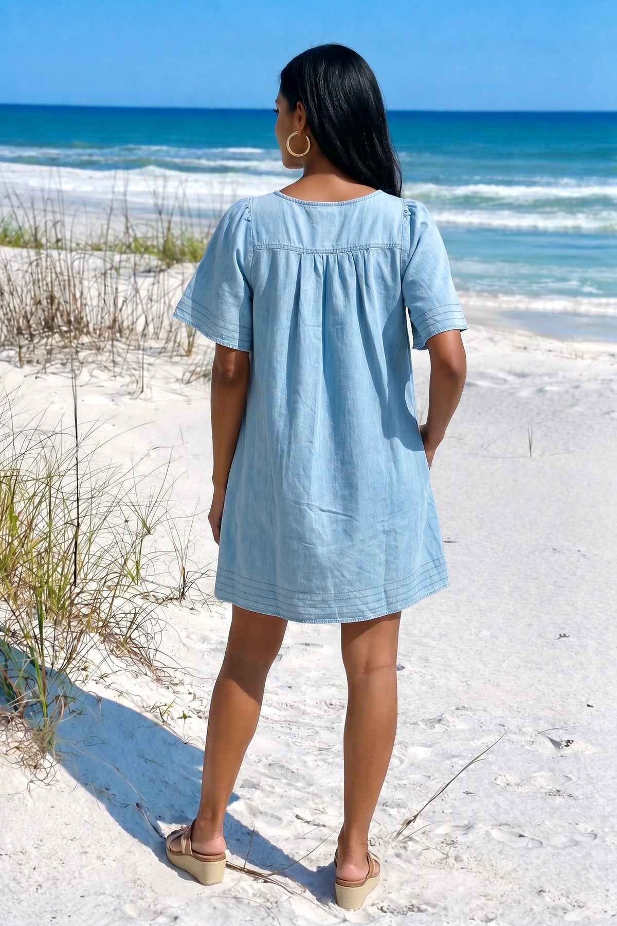 Beatrix Ribbon Detail Dress : Light Denim Blue