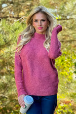 Lesley Mock Neck Horizontal Rib Sweater : Berry