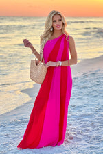 Cambri Single Shoulder Printed Dress : Fuschia/Red