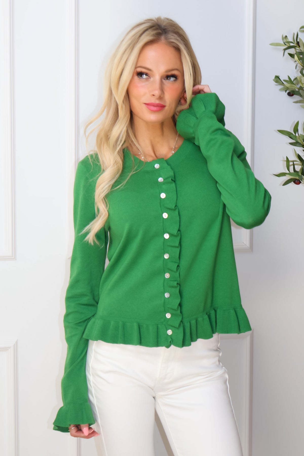 Rosalee Ruffle Hem Button Up Sweater: Green