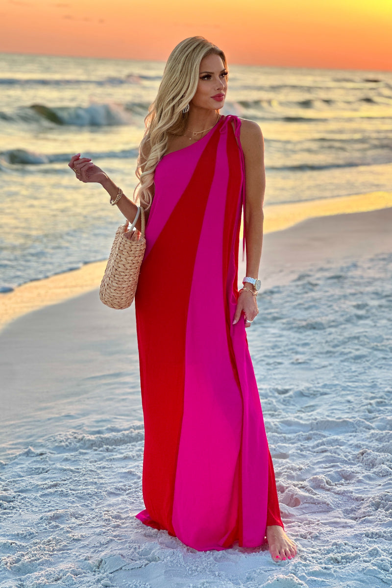 Cambri Single Shoulder Printed Dress : Fuschia/Red