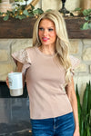 Fifi Embroidered Ruffle Sleeve Sweater Top : Taupe