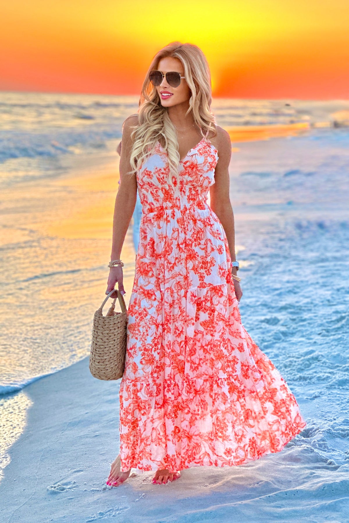 Aeris Printed Mesh Long Tiered Dress : Blush/Orange