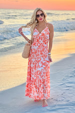 Aeris Printed Mesh Long Tiered Dress : Blush/Orange