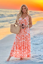 Aeris Printed Mesh Long Tiered Dress : Blush/Orange
