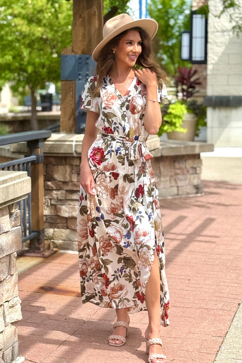Ryin Floral Print Button Up Dress : Ivory