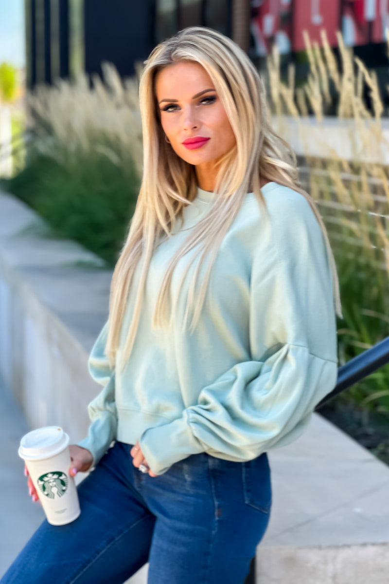 Sweet Like Honey Balloon Sleeve Pullover : Light Sage