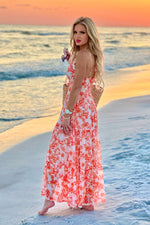 Aeris Printed Mesh Long Tiered Dress : Blush/Orange