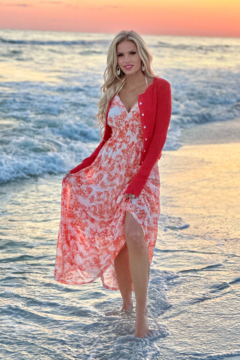 Aeris Printed Mesh Long Tiered Dress : Blush/Orange