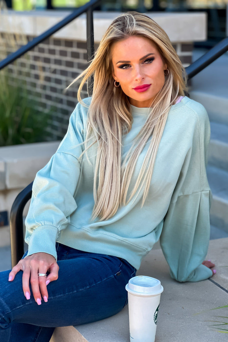 Sweet Like Honey Balloon Sleeve Pullover : Light Sage