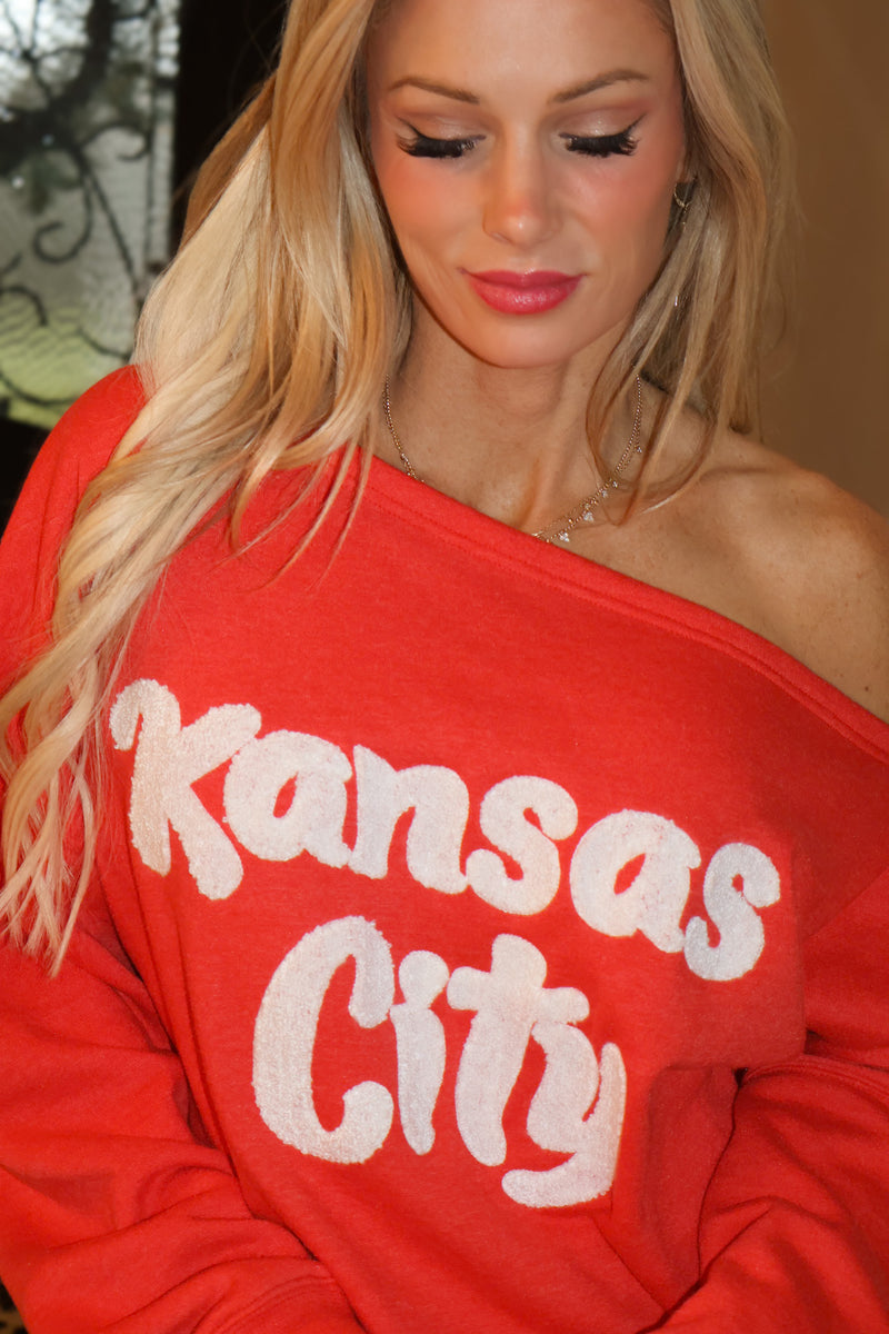 Kansas City Off Shoulder Vintage Sweatshirt : Red
