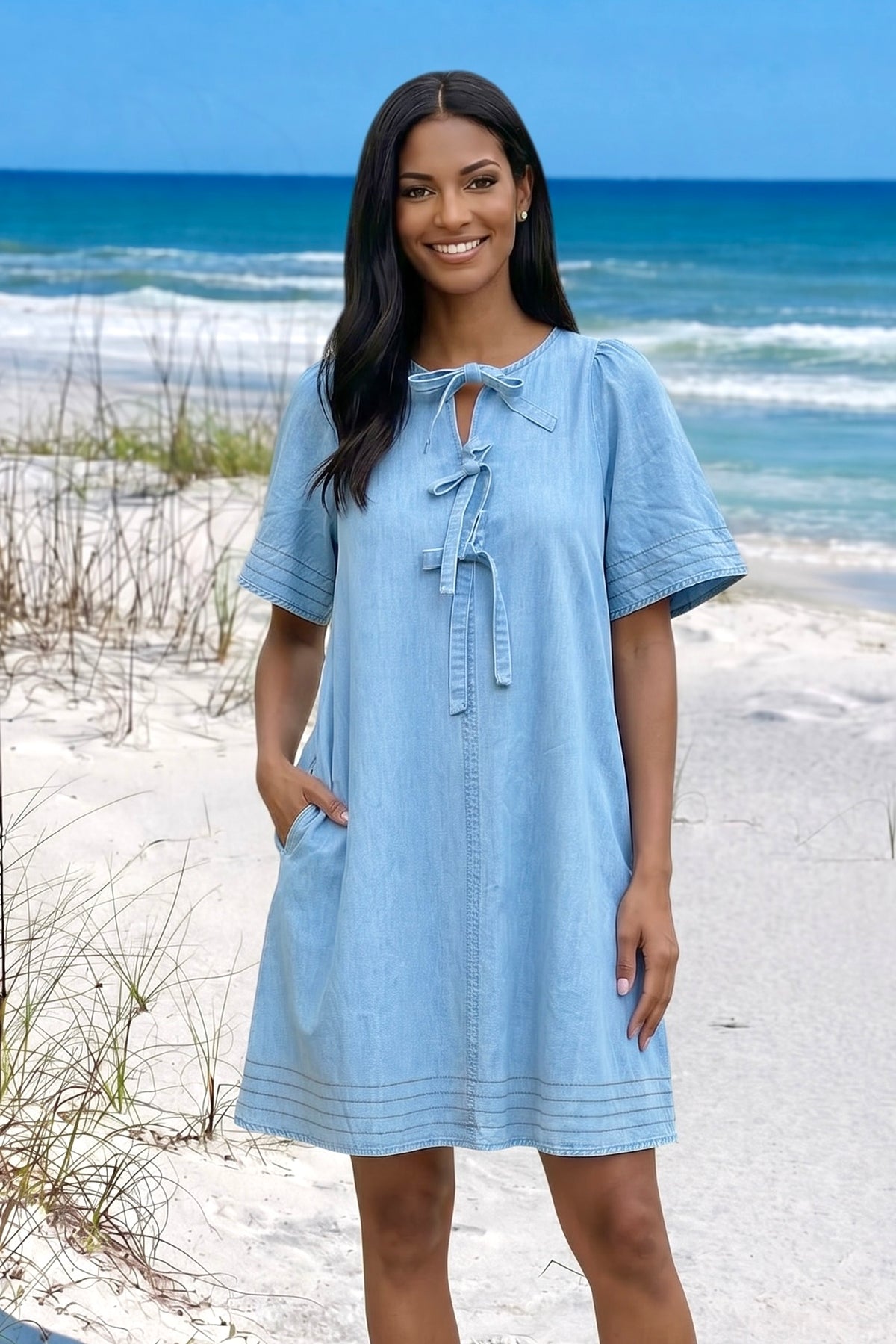 Beatrix Ribbon Detail Dress : Light Denim Blue