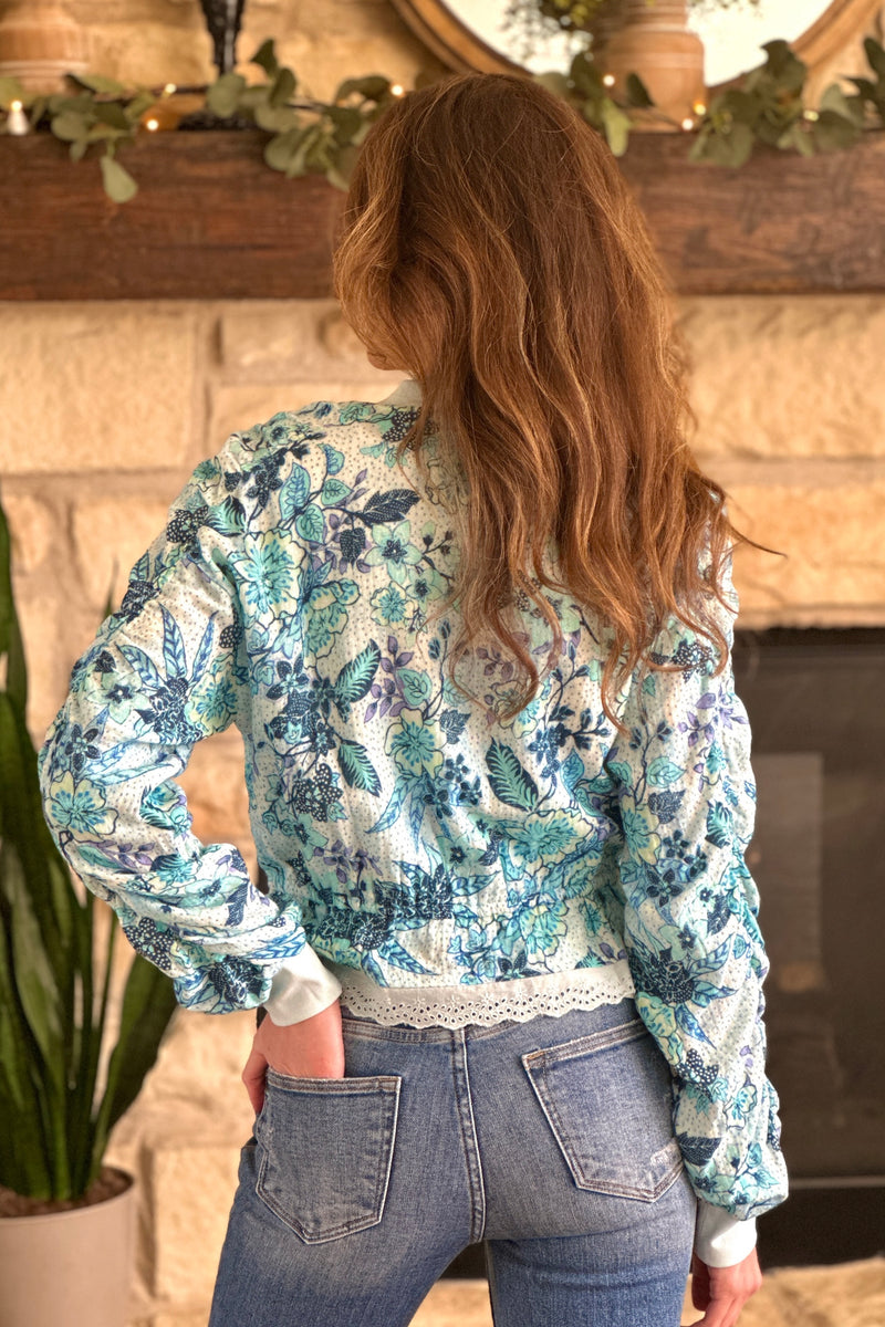 Tresca Scalloped Lace Edge Bomber Jacket : Ocean Blue