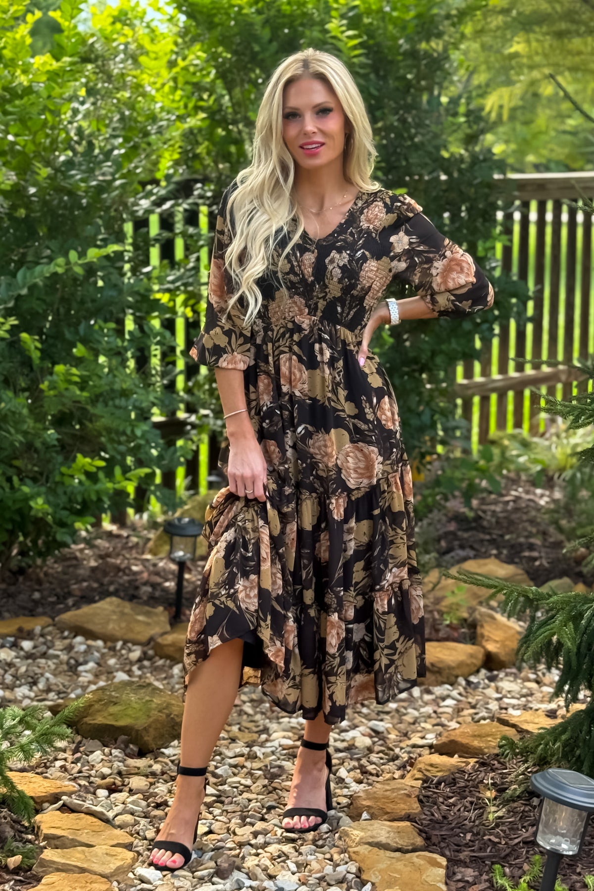 Miranda Floral Print Smocked Dress : Black