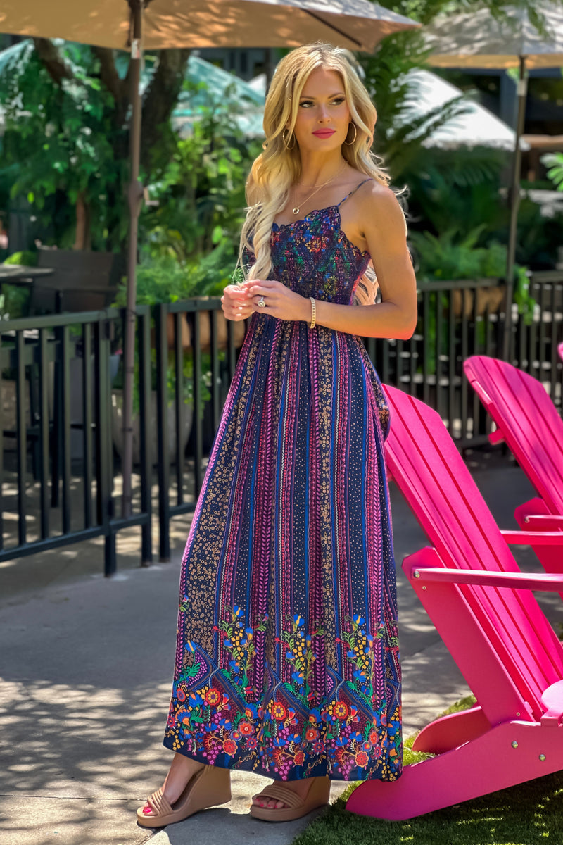 Solay Smocked Bodice Maxi Dress : Navy