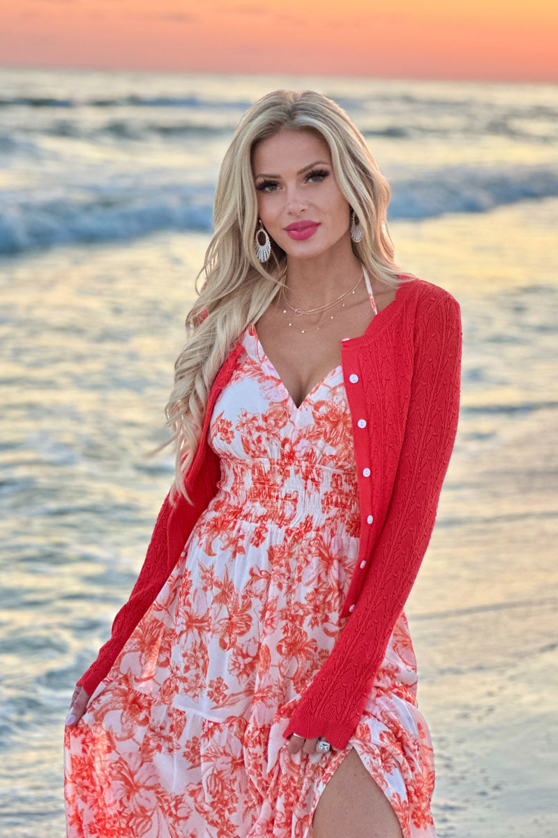 Agnetha Lightweight Pointelle Cardigan : Poppy