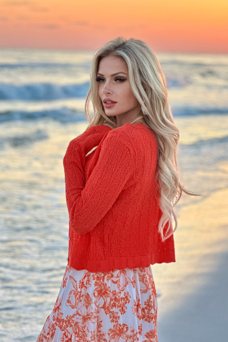 Agnetha Lightweight Pointelle Cardigan : Poppy