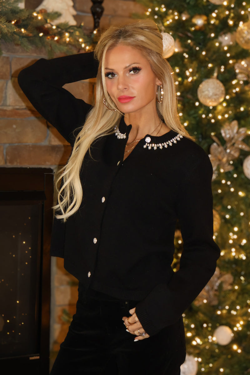 Jerusha Pearl and Rhinestone Detail Round Neck Sweater : Black