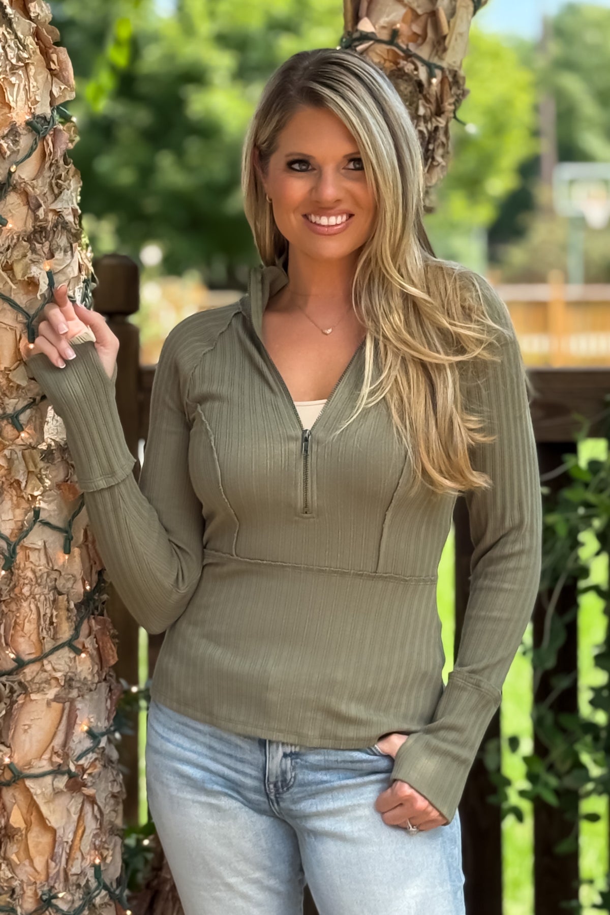 Kiki Half Zip Long Sleeve Top : Sage Green