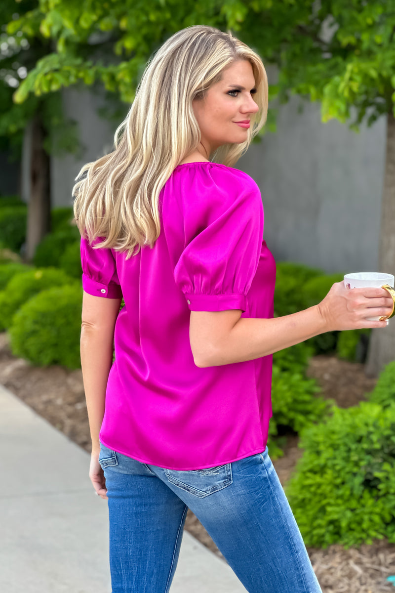 Simply Spectacular Split Neck Button Front Top : Magenta
