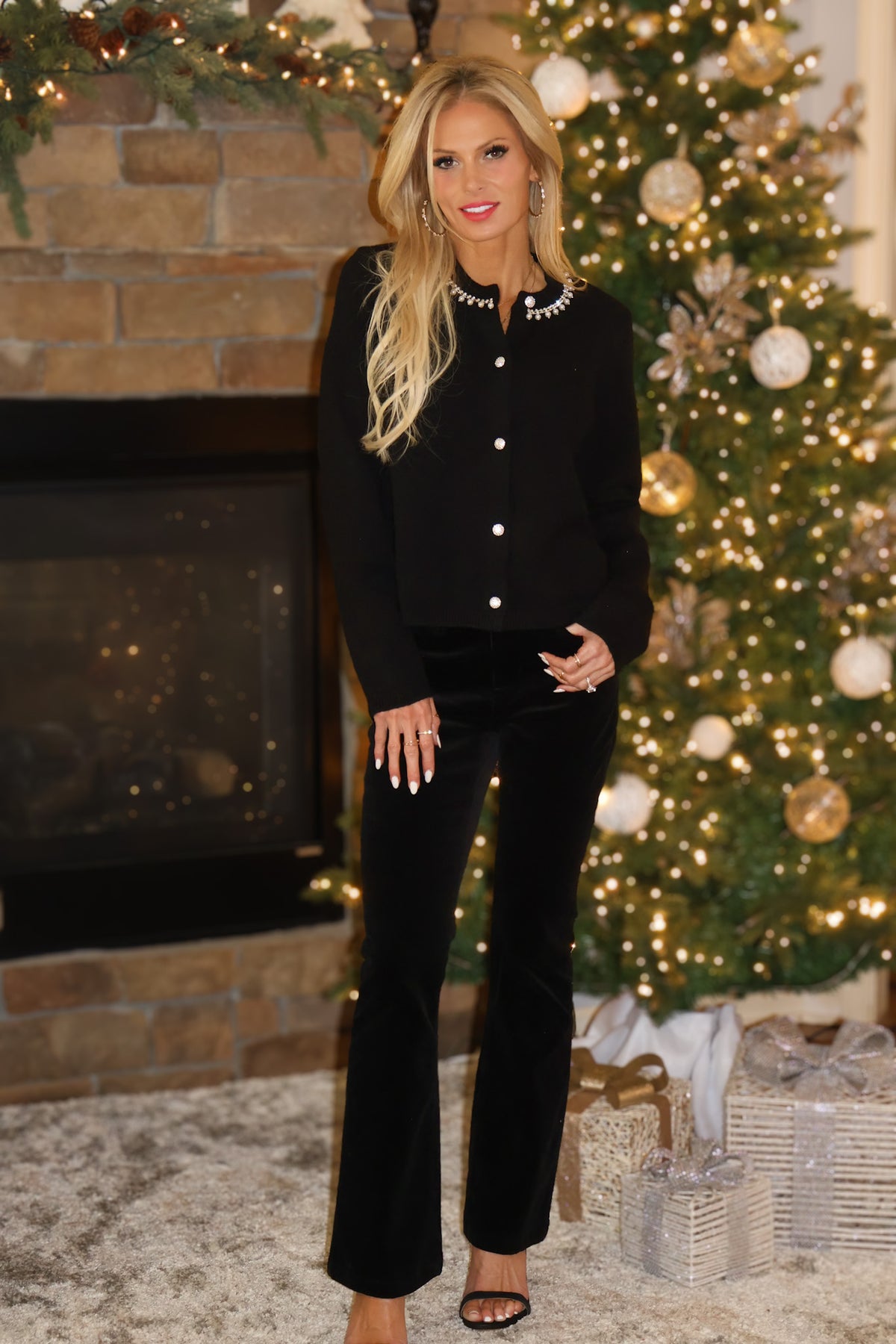 Jerusha Pearl and Rhinestone Detail Round Neck Sweater : Black