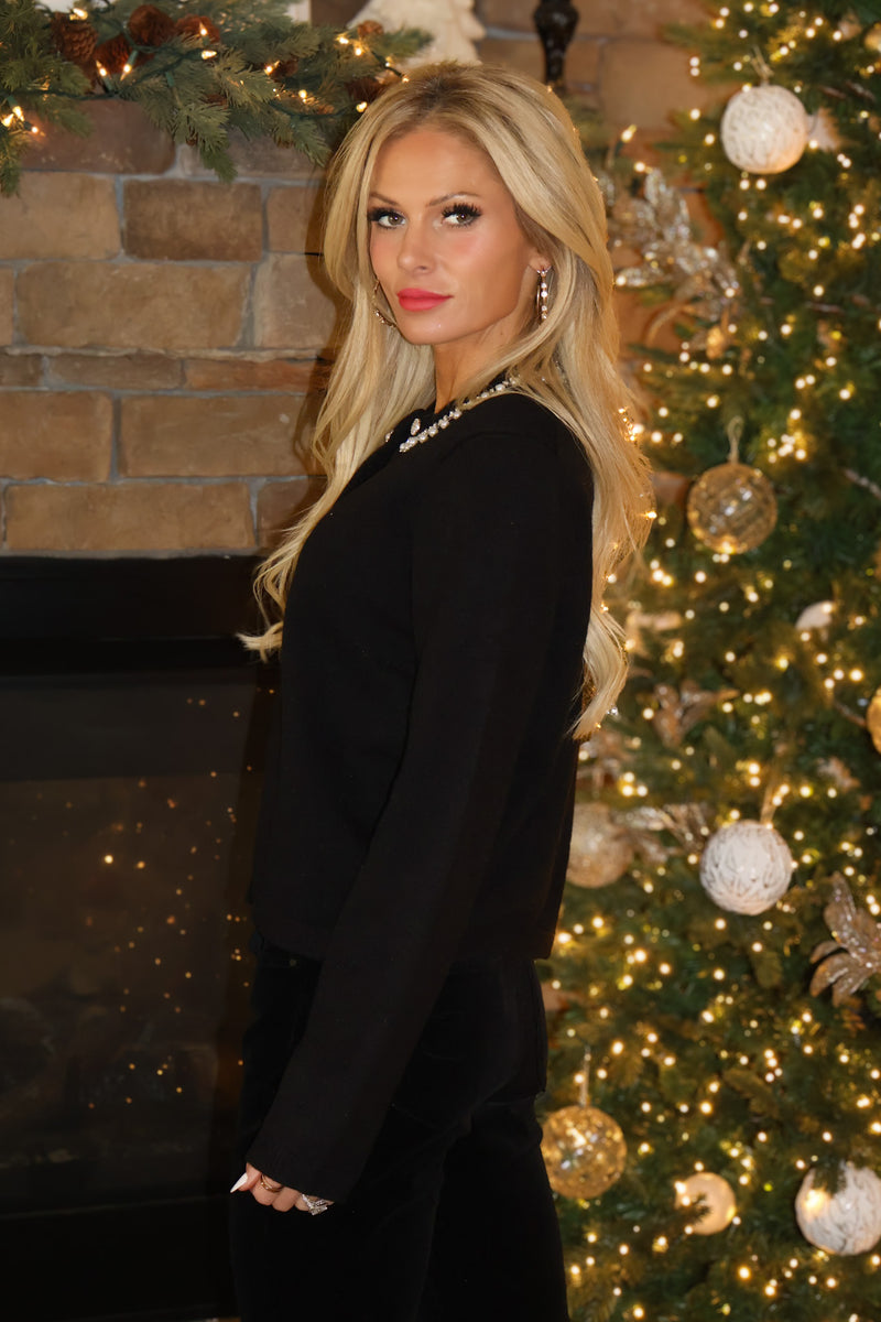 Jerusha Pearl and Rhinestone Detail Round Neck Sweater : Black