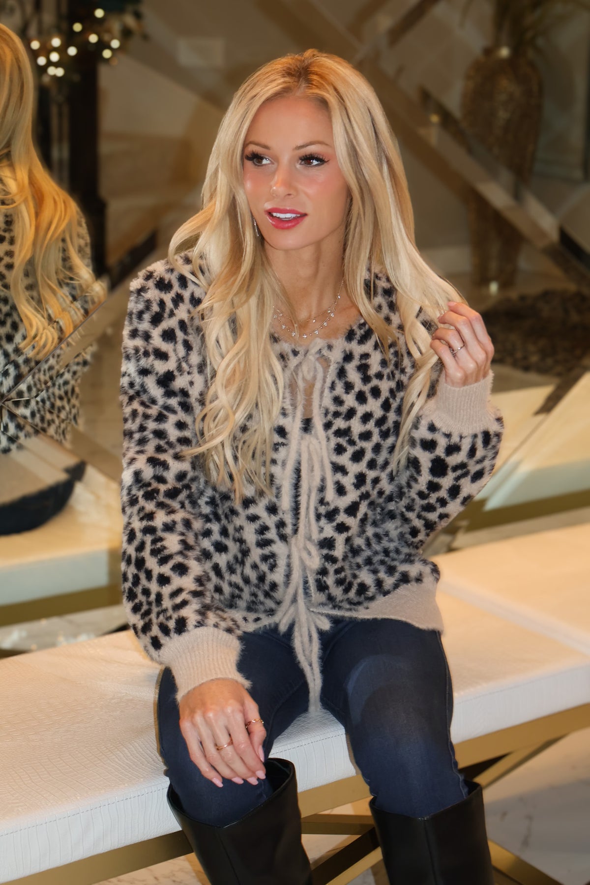 Haisley Front Tie Detail Animal Print Sweater : Black/Taupe