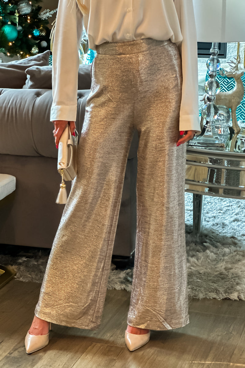 Connecting Over Cocktails Flowy Sparkle Pant : Champagne