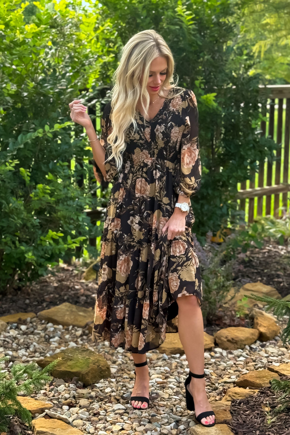 Miranda Floral Print Smocked Dress : Black