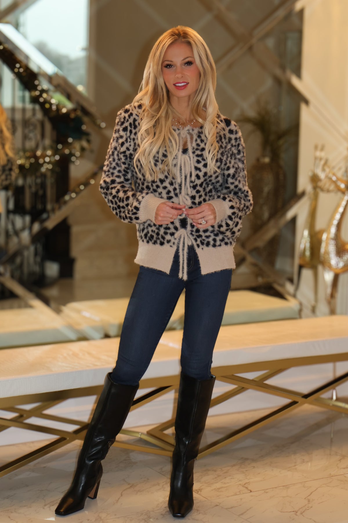 Haisley Front Tie Detail Animal Print Sweater : Black/Taupe