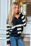 At This Time 1/4 Zip Striped Pocketed Sweater : Black/Ivoryk is