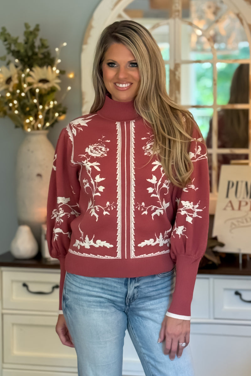 Kaelynn Balloon Sleeve Mock Neck Sweater : Red Bean