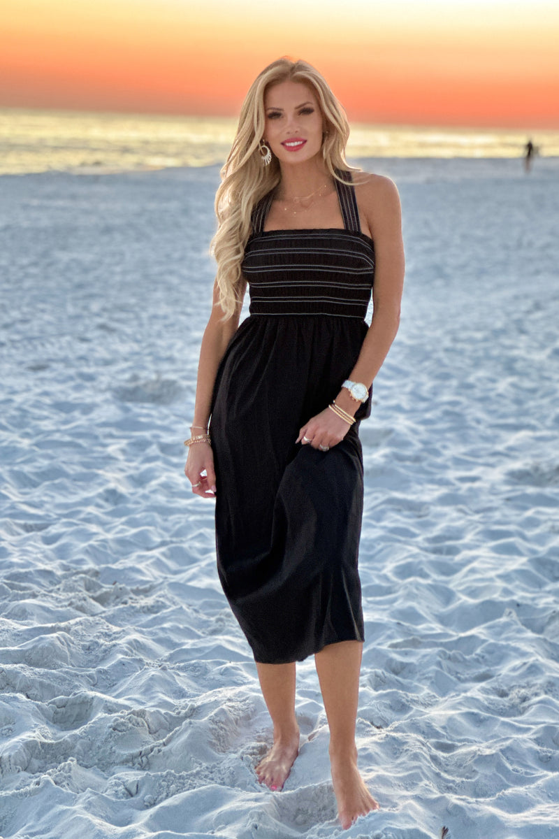 Liverpool Airlea Smocked Woven Knit Midi Dress : Black